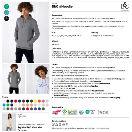 B&C WU03W kapucnis, bebújós pulóver WINE 280gr/m2 S-XXL
